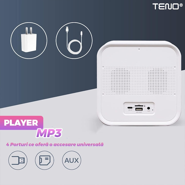 Ceas Desteptator Multifunctional Teno®, Bluetooth, functie de alarma, functie de radio, afisaj temperatura, lumini RGB, autonomie ridicata, patrat