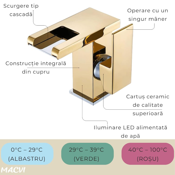 Robinet baie Macvi® LED tip cascada Auriu, premium jet RGB cu iluminare in functie de temperatura constructie din alama