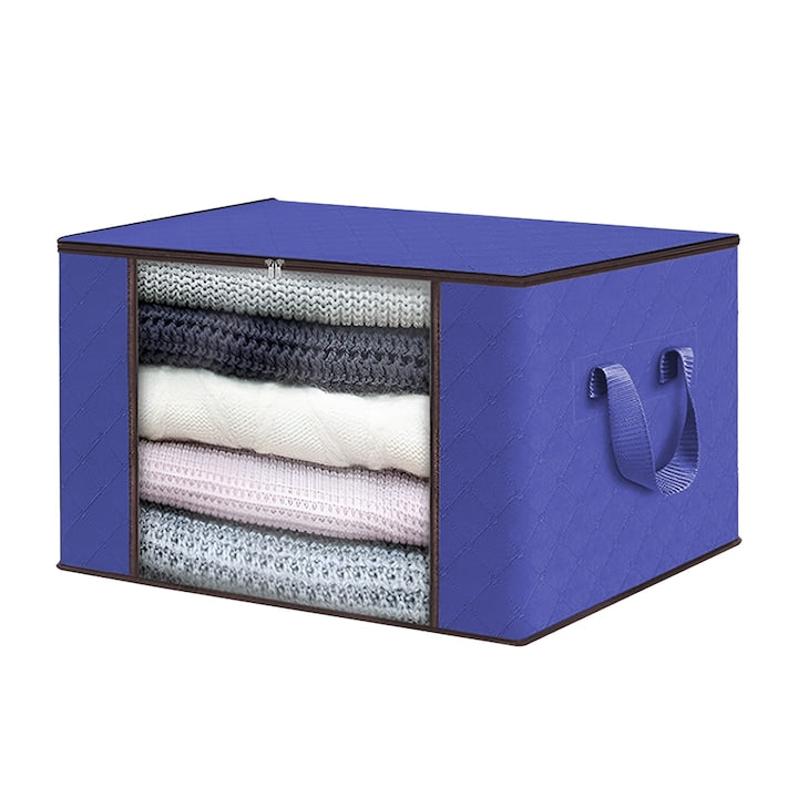 Cutie Depozitare si Organizare Teno®, pliabila, maner ranforsat si fereastra transparenta, pentru haine/paturi/ plapumi/ perne/ lenjerii de pat/jucarii, 84 L, 60x 40x 35 cm, albastru