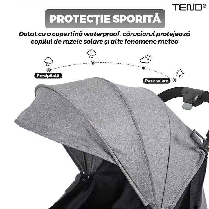 Carucior Sport pentru Bebelusi Teno®, pliabil, usor de carat, sezut reglabil, spatios, cosulet dorsal, buzunar la spate, copertina retractabila, greutate maxima suportata 25 kg, gri inchis