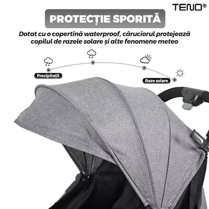 Carucior Sport pentru Bebelusi Teno®, pliabil, usor de carat, sezut reglabil, spatios, cosulet dorsal, buzunar la spate, copertina retractabila, greutate maxima suportata 25 kg, gri inchis