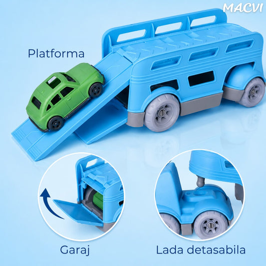 Set Camion Trailer cu 3 Masinute, MACVI, Albastru, Plastic, 3 ani