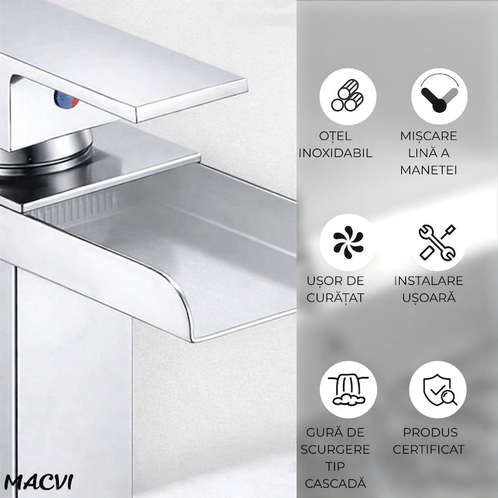 Baterie lavoar baie Macvi® tip cascada cromata din bronz inaltime 160 mm pipa 135 mm monocomanda, argintiu