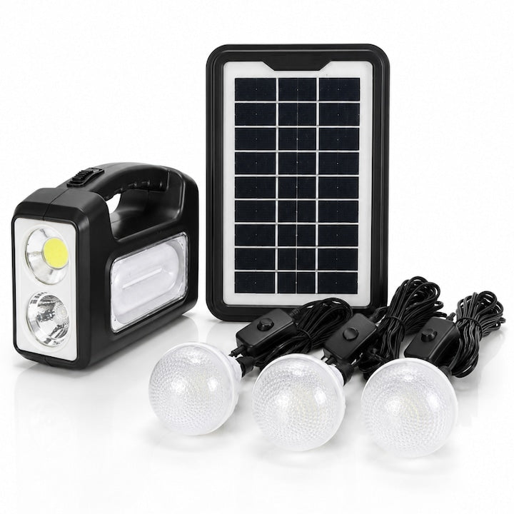 Kit Iluminat Portabil LED Macvi® 7COB, Panou Solar 3.5W, 3 Becuri LED, Proiector LED 250 lm, Baterie 6V 4.5Ah, USB 5V, pentru Camping, Pescuit si Situatii de Urgenta
