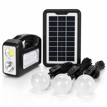 Kit Iluminat Portabil LED Macvi® 7COB, Panou Solar 3.5W, 3 Becuri LED, Proiector LED 250 lm, Baterie 6V 4.5Ah, USB 5V, pentru Camping, Pescuit si Situatii de Urgenta