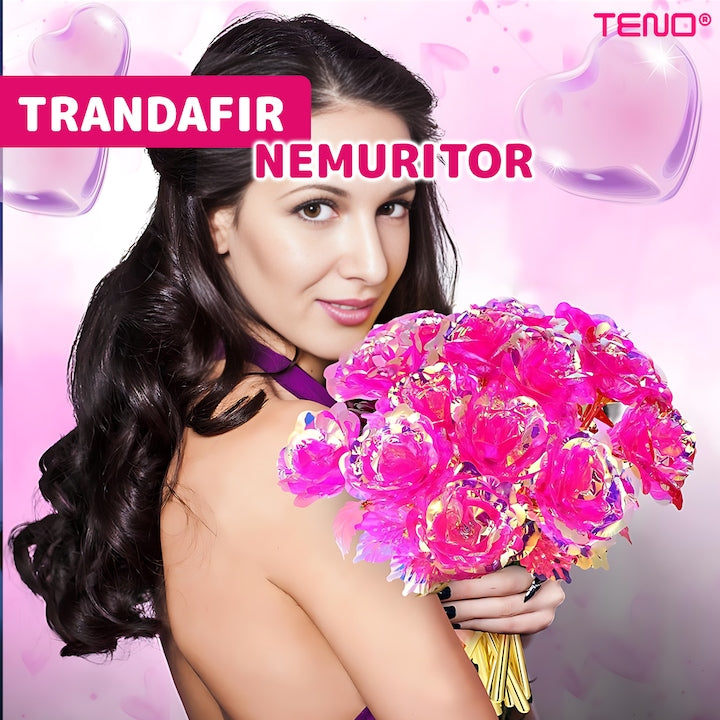 Trandafir Artizanal Teno®, efect de cristal, aspect auriu, luminite LED cu baterii, rezistent, nemuritor, design realist, 22 x 13 cm, roz