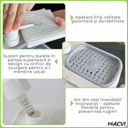 Dozator sapun Macvi® cu pompa dubla si suport burete dozator detergent vase si sapun de maini design compact pentru chiuveta