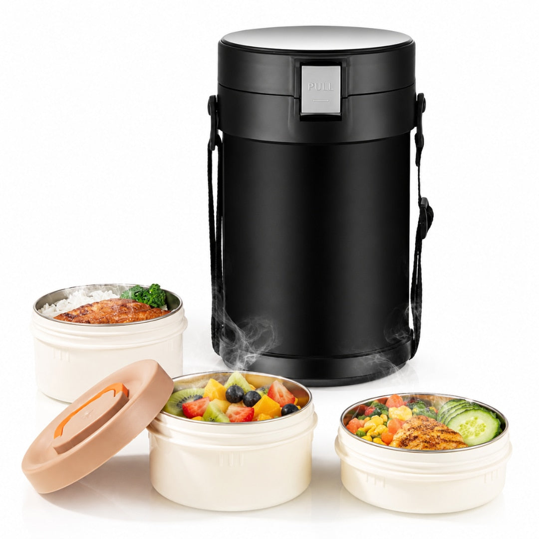 Caserola termica Macvi® 2.9L, Inox 304 alimentar, 4 compartimente separate, etansa, izolatie termica, mentine alimentele calde si reci 4-12 ore, fara BPA, pentru birou, scoala, picnic, camping, Negru