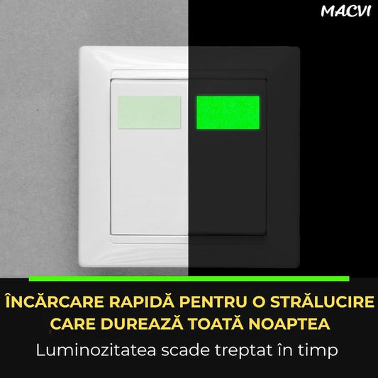 Banda Fosforescenta Autoadeziva Macvi® 2cm x 5m, Fotoluminiscenta, Incarcare cu Lumina, Vizibila pana la 8 Ore, Banda Siguranta Marcaj, Decor Interior/ Exterior