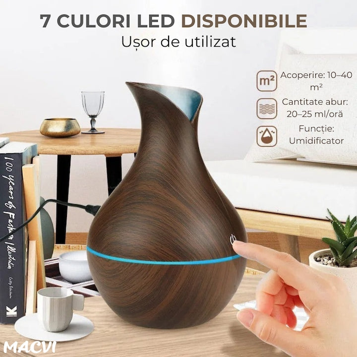 Difuzor Aromaterapie Macvi® cu Umidificator, ultrasunete, forma de vaza, buton touch, maro, LED 7 culori, 130 ml