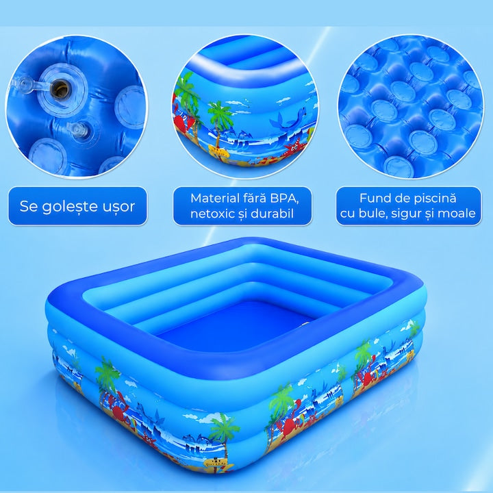 Piscina gonflabila Macvi® 150 x 102 x 50 cm, 3 inele, PVC rezistent, capacitate 84 L, pentru copii si adulti, model tropical, albastru