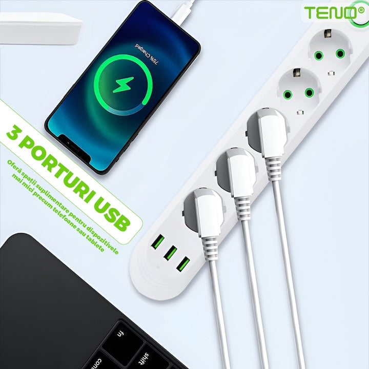 Prelungitor Teno®, 5 prize, 3 porturi USB, intrerupator, suport de agatare incorporat, rezistent la temperaturi inalte, universal, lungime 3 metri, alb
