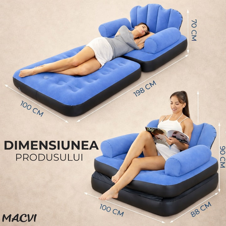 Fotoliu Gonflabil Macvi® XL 2 in 1 Portabil Pentru Interior, Exterior, Camping sau Plaja, Design Ergonomic, 100x88x90 cm, Albastru