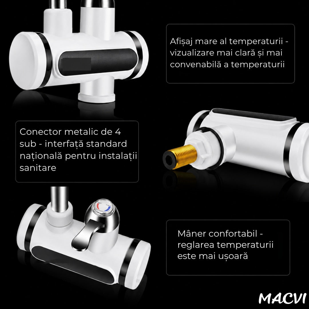 Robinet Electric Instant Macvi® 3000W, Incalzire Apa in 3-5 Secunde, Display LCD Temperatura, Pipa Flexibila 360°, Temperatura Reglabila 30-60°C, Protectie IPX4, Montare pe Chiuveta