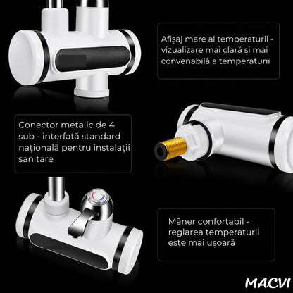 Robinet Electric Instant Macvi® 3000W, Incalzire Apa in 3-5 Secunde, Display LCD Temperatura, Pipa Flexibila 360°, Temperatura Reglabila 30-60°C, Protectie IPX4, Montare pe Chiuveta