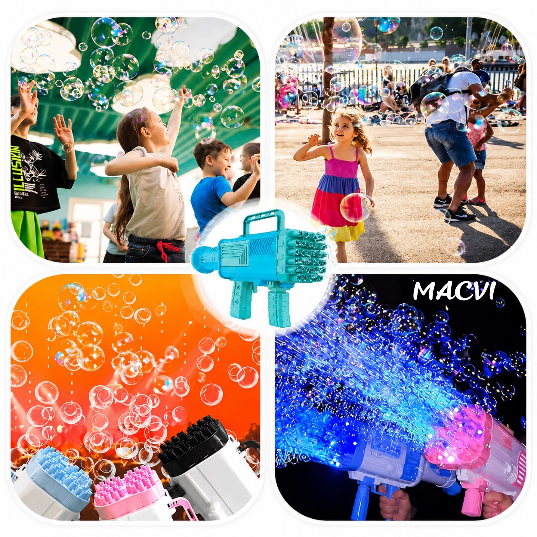 Pistol pentru facut baloane de sapun Macvi® cu 34 de gauri, distractie colorata pentru activitati in aer liber,Albastru
