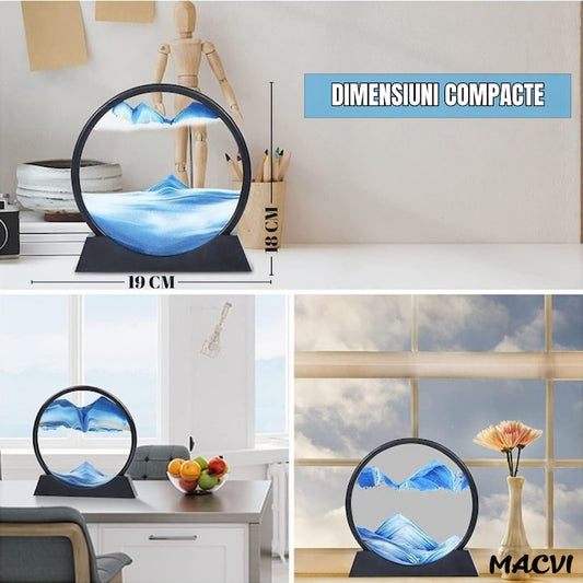 Obiect decorativ Macvi® cu efect 3D din nisip, masa rotativa 360°, baza din plastic, sticla si nisip, 18x19 cm, Albastru