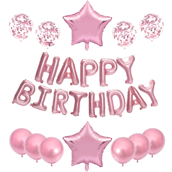 Set 25 Baloane Teno®, Litere, pentru Petreceri/Aniversari/Evenimente, confetti, stelute, model HAPPY BIRTHDAY, rose