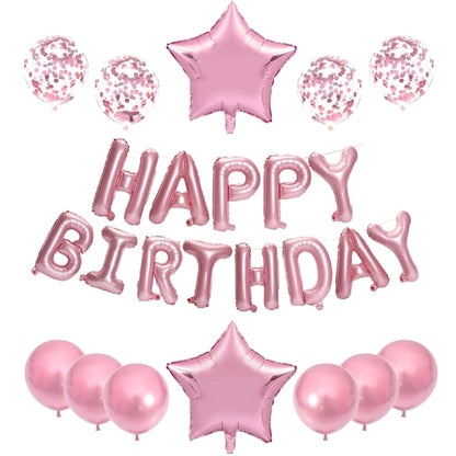 Set 25 Baloane Teno®, Litere, pentru Petreceri/Aniversari/Evenimente, confetti, stelute, model HAPPY BIRTHDAY, rose