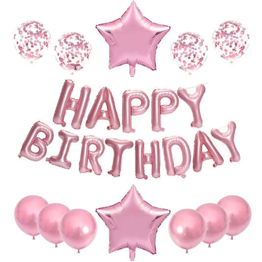 Set 25 Baloane Teno®, Litere, pentru Petreceri/Aniversari/Evenimente, confetti, stelute, model HAPPY BIRTHDAY, rose