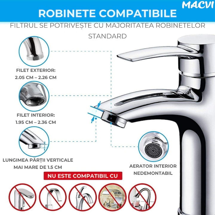 Cap de robinet cu filtru de apa Macvi® pentru purificare, usor de instalat, material durabil