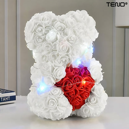 Ursulet din Trandafiri de Spuma Teno®, floral alb cu burtica rosie, handmade, cutie transparenta, 25 cm