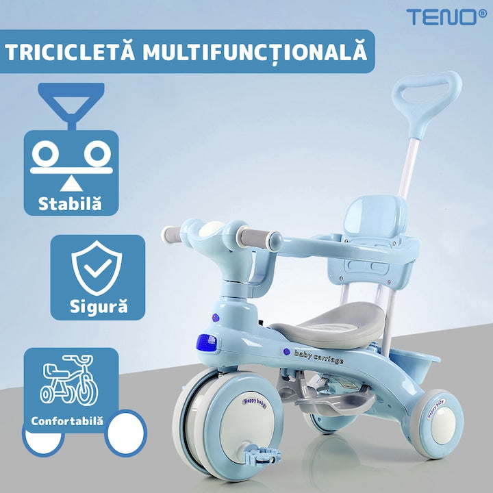 Tricicleta Multifunctionala Teno®, structura stabila, pedale anti-derapante, suport picioare, cosulet pe spate, spatar detasabil, parasolar, muzica incorporata, albastru