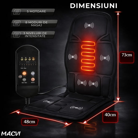 Husa masaj Macvi® scaun cu telecomanda control masaj talie si mijlocul coapsei 5 zone masaj 3 viteze alimentare auto 12V si priza 220V material poliester