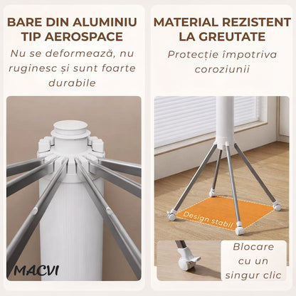Uscator de rufe vertical Macvi®, 2 nivele, pliabil, mobil, suport umerase, 16 tije, 24 cleme, 170 cm, uscare 360°