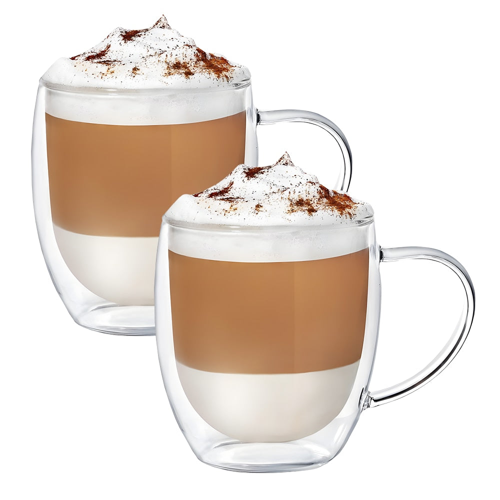Set 2 Cani de Sticla cu Perete Dublu Teno®, model rotund, design modern, termorezistente, capacitate 350 ml, 12 x 9 cm