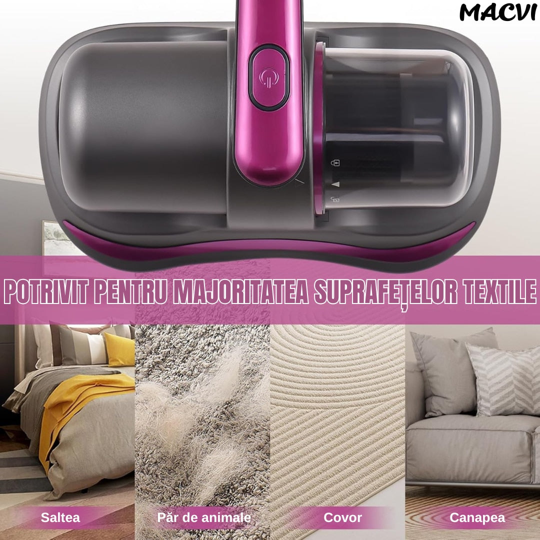 Aspirator Antiacarieni Macvi®, 8000 Pa, Fara Fir, Filtru HEPA, Baterie 3600 mAh, UVC, Rezervor 500 ml, Curatare Pat, Canapea si Covoare