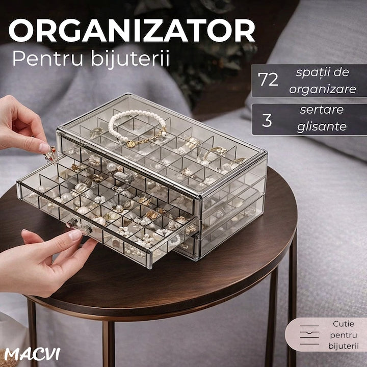 Cutie bijuterii Macvi® transparenta, multistrat, 3 sertare, 72 compartimente, capacitate mare, 24×13, 5×11 cm