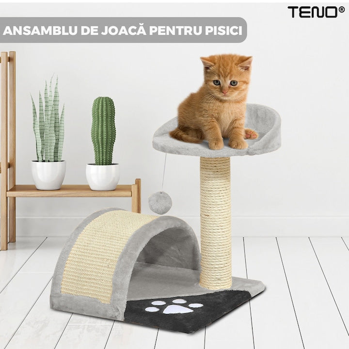 Ansamblu de Joaca Pisici Teno, 1 nivel, loc de relaxare, 42cm, gri deschis