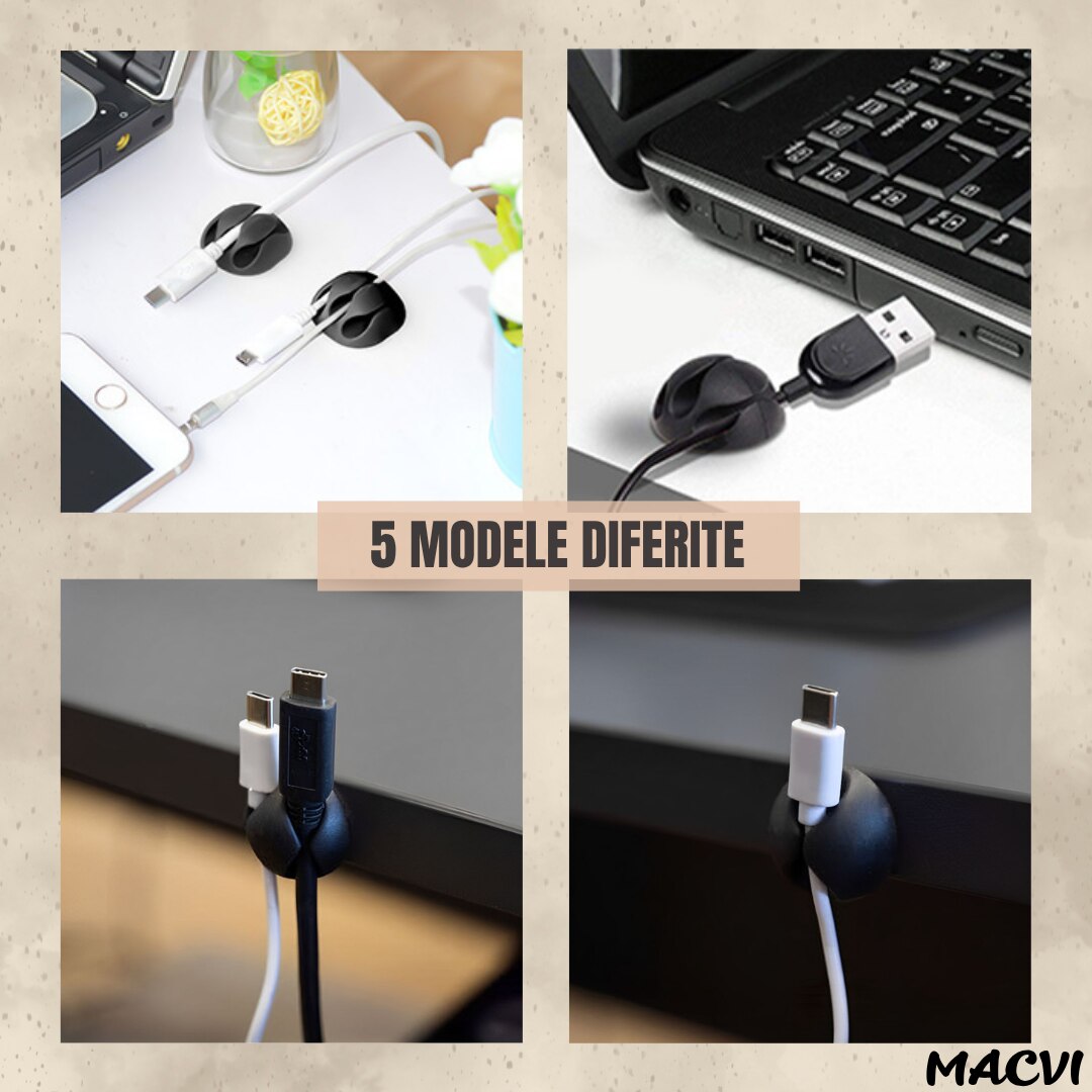 Set Macvi® suport organizare cabluri, 10 bucati, 5 dimensiuni diferite, autoadeziv, negru