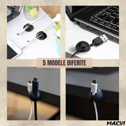 Set Macvi® suport organizare cabluri, 10 bucati, 5 dimensiuni diferite, autoadeziv, negru
