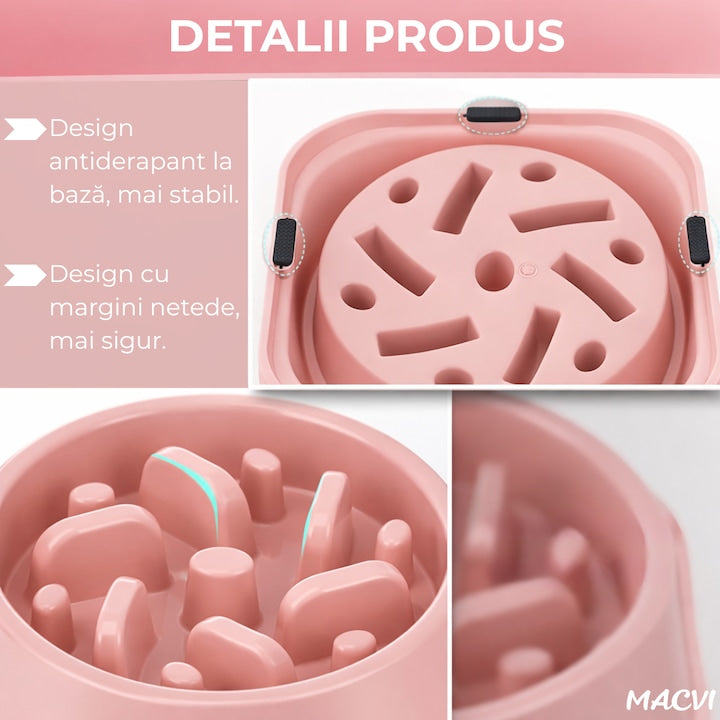 Alimentator Lent pentru Animale Macvi®, Bol Antiderapant Hranire Lenta pentru Caini si Pisici Design Interior AntiInghitire Material Sigur Usor de Curatat Rezistent, Roz