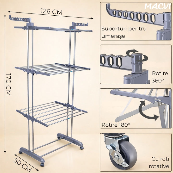 Uscator vertical pentru rufe Macvi®, cu 3 nivele de uscare, mobil si pliabil, suport umerase, gri