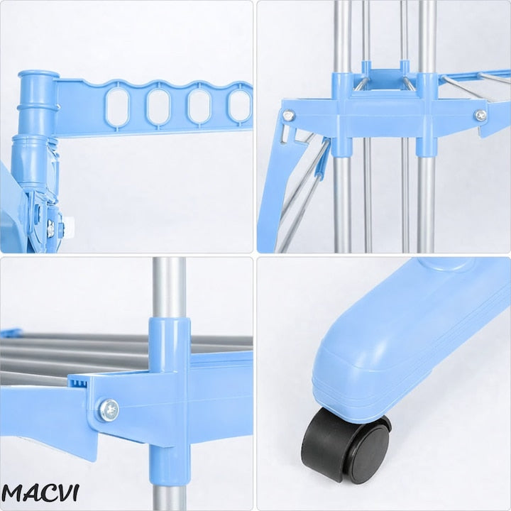 Uscator vertical pentru rufe Macvi®, cu 3 nivele de uscare, mobil si pliabil, suport umerase, albastru