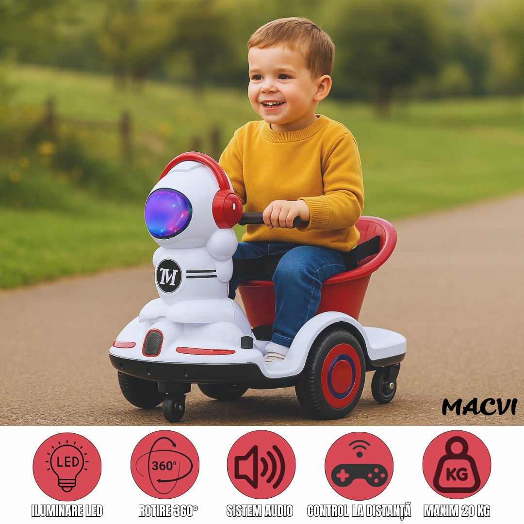 Masinuta electrica Macvi® copii 3-6 ani, telecomanda & control manual, 6V 7A, roti 360°, lumini LED, sunete realiste, centura siguranta, alb/visiniu