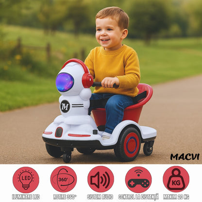 Masinuta electrica Macvi® copii 3-6 ani, telecomanda & control manual, 6V 7A, roti 360°, lumini LED, sunete realiste, centura siguranta, alb/visiniu