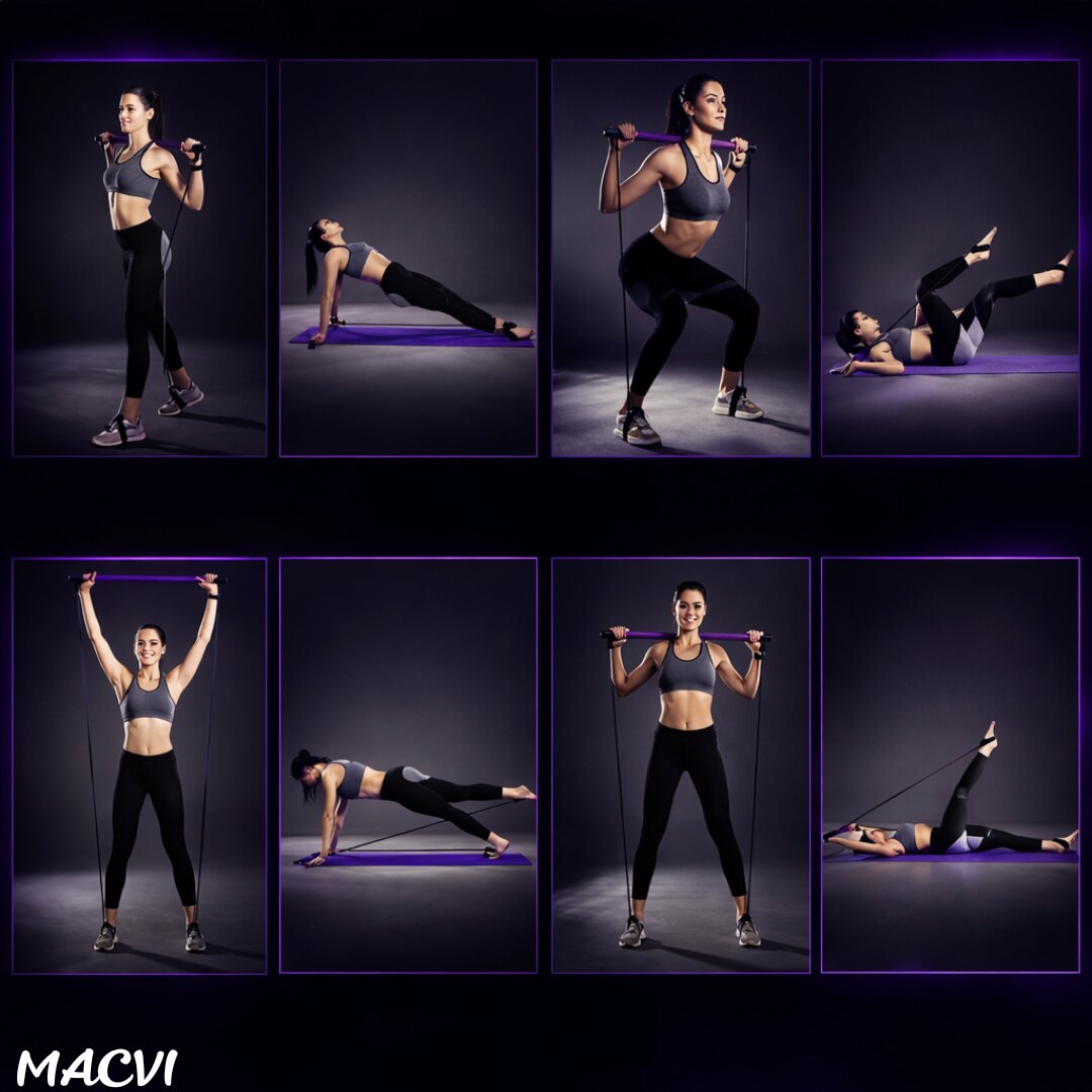 Bara Fitness Macvi® cu Benzi Elastice Reglabile, Multifunctionala pentru Antrenamente Complete, Rezistenta Ajustabila, Culoare Mov
