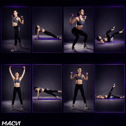 Bara Fitness Macvi® cu Benzi Elastice Reglabile, Multifunctionala pentru Antrenamente Complete, Rezistenta Ajustabila, Culoare Mov