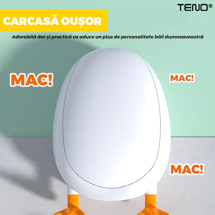 Perie pentru Toaleta Ratusca Teno®, din silicon, model adorabil, carcasa ou, suport adeziv montabil pe orice suprafata, 2 capete, capat cioc din silicon, capat cu peri pentru pete, galben