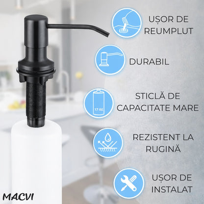 Dozator Incorporabil Macvi® Negru pentru Chiuveta Sapun Detergent Rezervor 300ml Design Modern