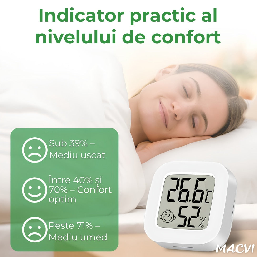 Termometru si higrometru camera Macvi®, indicator comfort, citire 10 secunde, senzor precis, Interval umiditate: 10% - 99% RH, -20°C pana la +60°C, ultra compact, alb