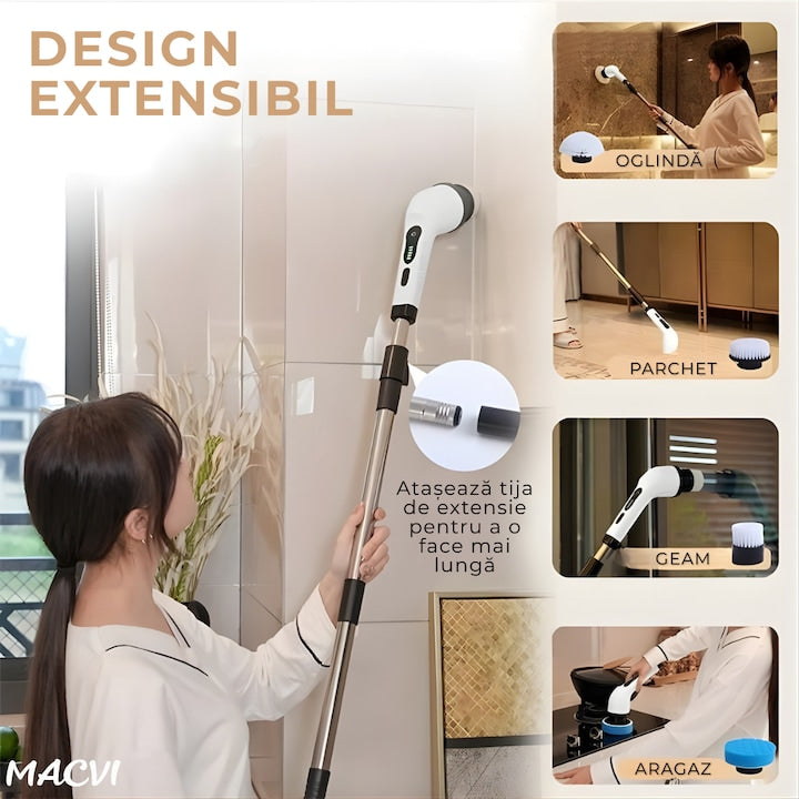 Perie electrica rotativa Macvi® 9 in 1 cu 9 capete interschimbabile, 2 viteze reglabile, wireless, IPX7, maner extensibil, autonomie mare, LED