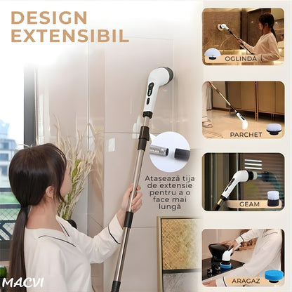 Perie electrica rotativa Macvi® 9 in 1 cu 9 capete interschimbabile, 2 viteze reglabile, wireless, IPX7, maner extensibil, autonomie mare, LED