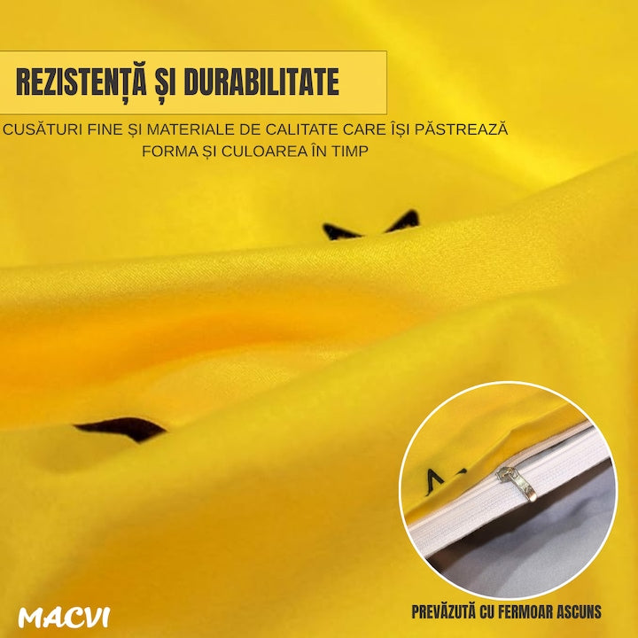 Lenjerie de pat Macvi®, bumbac gros finet, 2 persoane, 4 piese, galben, potrivita pentru saltele 180x220 - 200x230