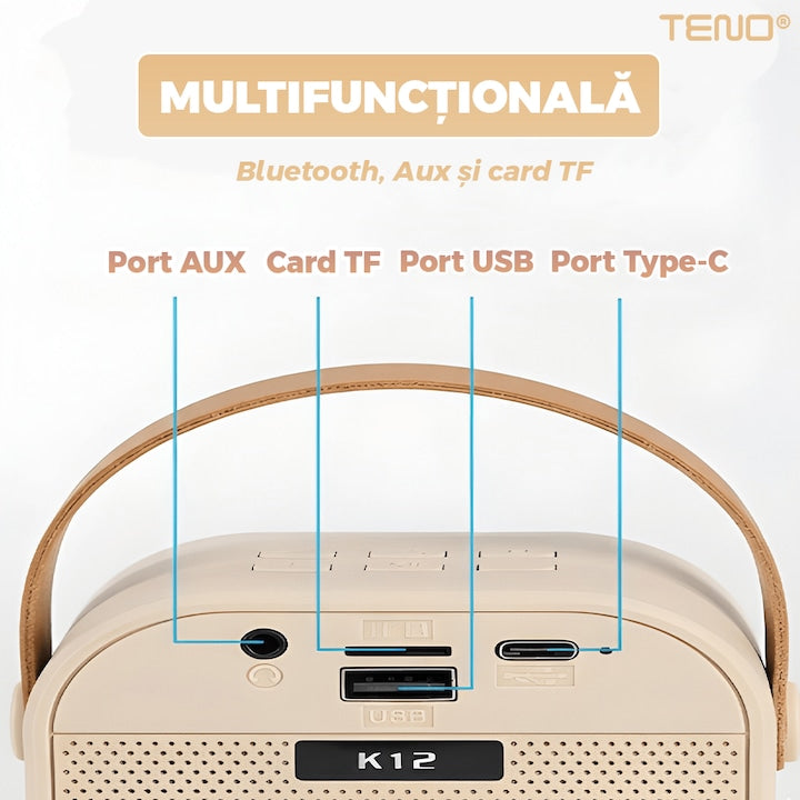 Boxa Portabila Teno®, karaoke, 2 microfoane, 4 porturi, wireless, RBG, Bej
