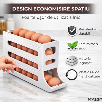 Suport organizator pentru oua Macvi®, 4 niveluri, rulare automata, 30 oua, 36x7x20 cm, alb, economisire inteligenta de spatiu in frigider